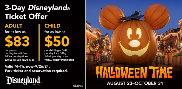 Disney ticket offer. Prices as low as $83 per day adult and $50 per child per day (3-9)