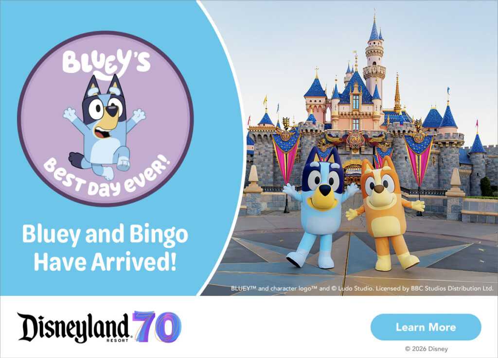 Disney ticket store link. graphic with Bluey and Bingo