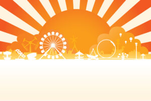 An Illustrator graphic of a sun setting over a theme park
